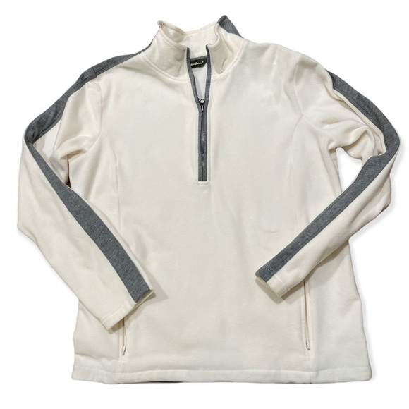Eddie Bauer Pullover Fleece White and Gray 1/4 Zip Soft Size Large Front Pockets - Picture 3 of 5